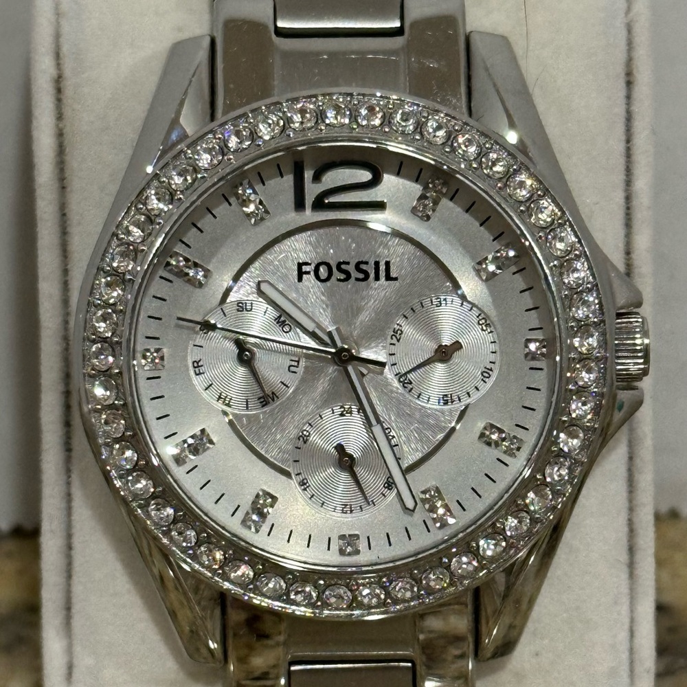 Fossil Women's Silver Multifunction Watch with Crystal Bezel
